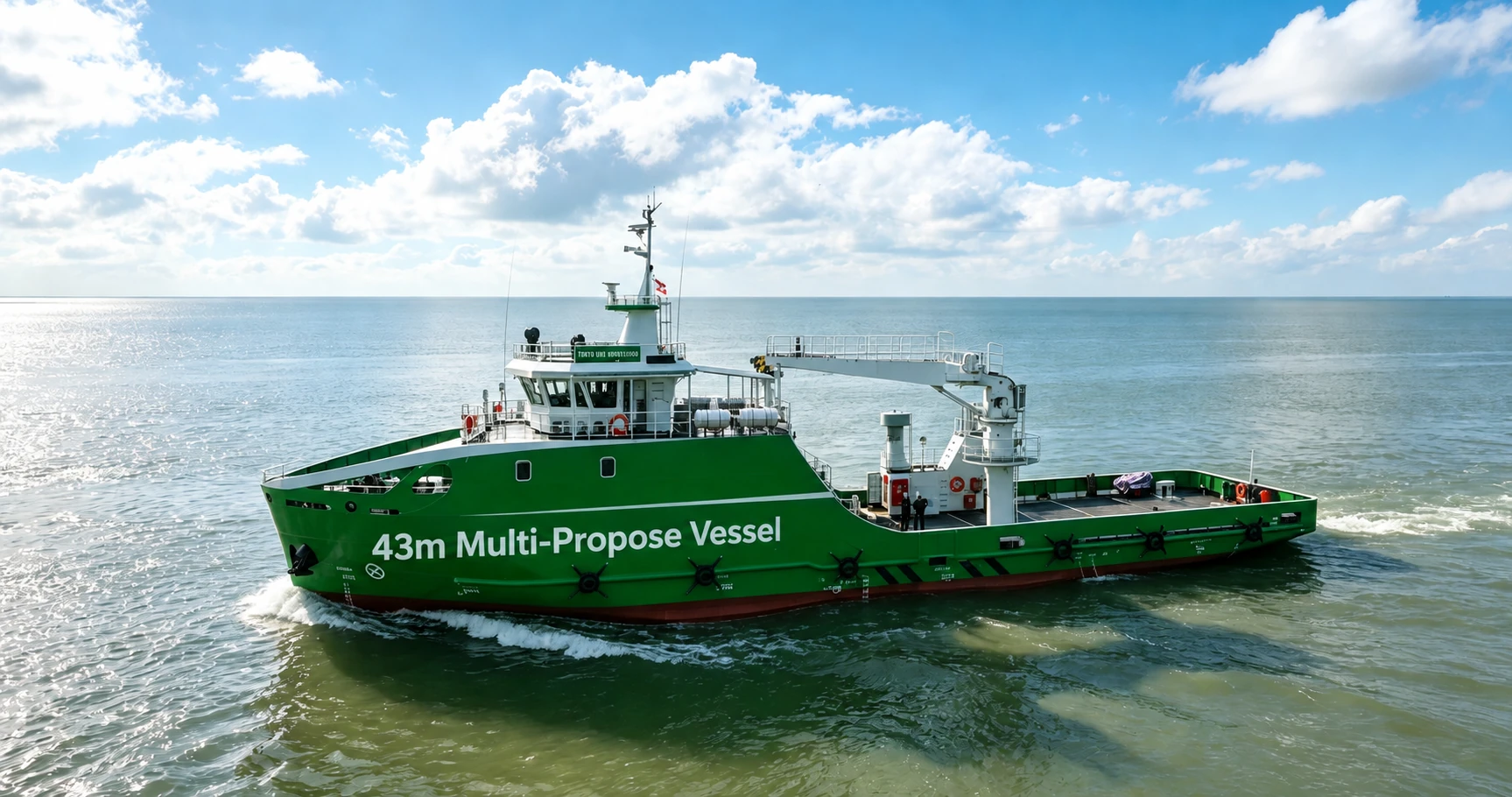Green 43 metre Desail multi-purpose vessel operating at sea