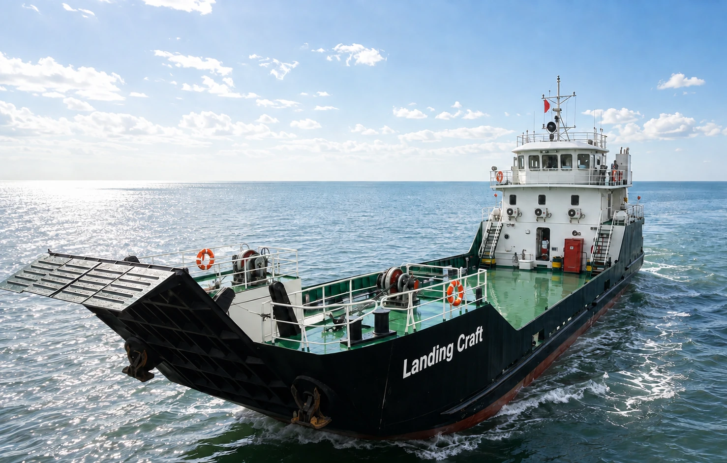 Black and green 45 metre Desail landing craft underway with bow ramp raised