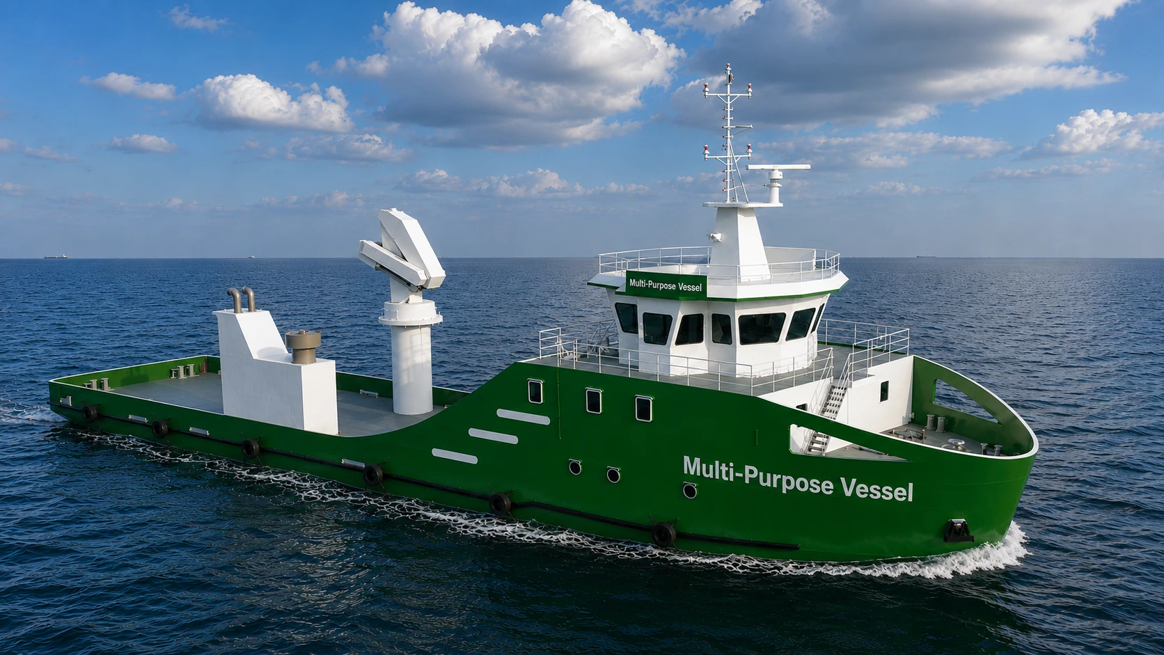 Green 46 metre Desail multi-purpose vessel in coastal service configuration